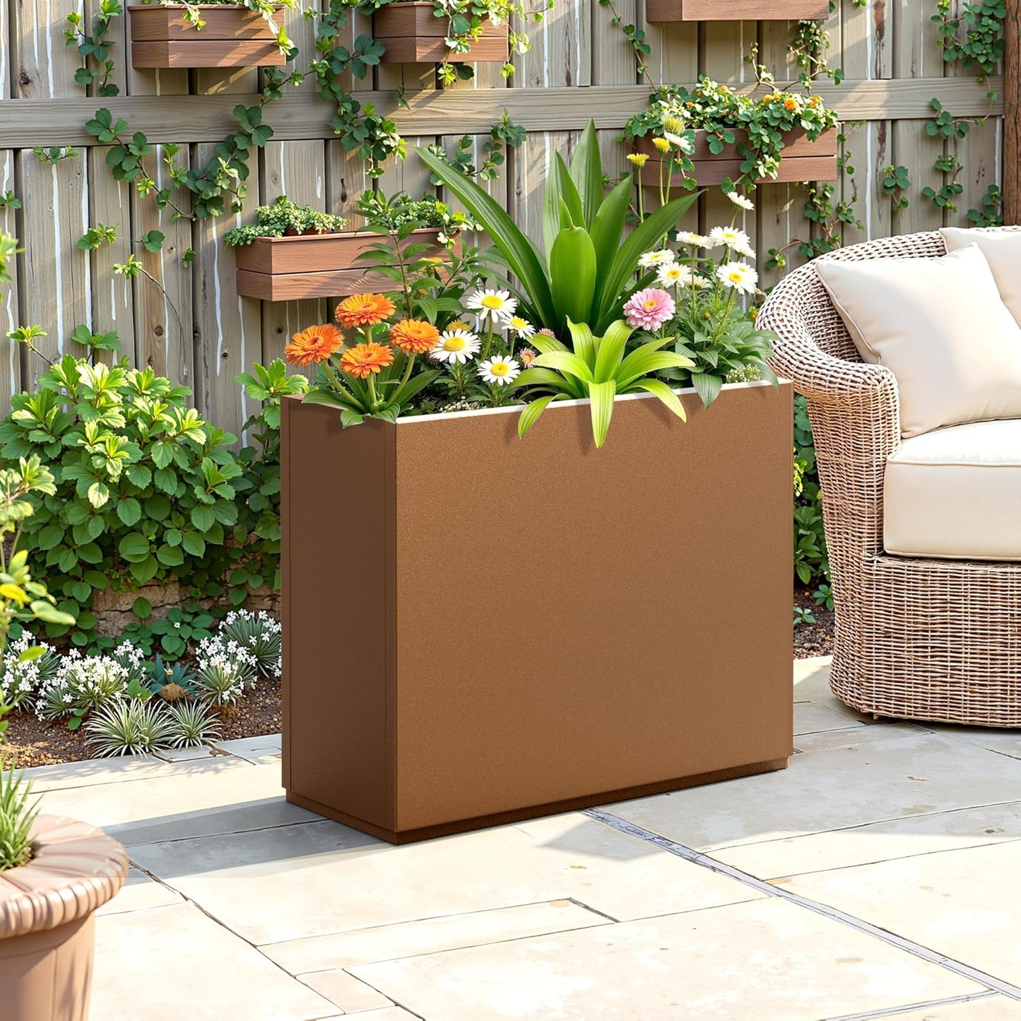 FENCY Metal Planter Box, Large Rectangular Planters for Outdoor Plants, Outdoor Tall Planters with