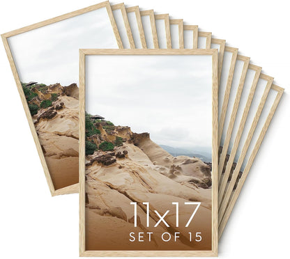 Haus and Hues 11x17 Natural Oak Wood Picture Frames Set of 15 - Premium Bulk Picture Frames 11x17
