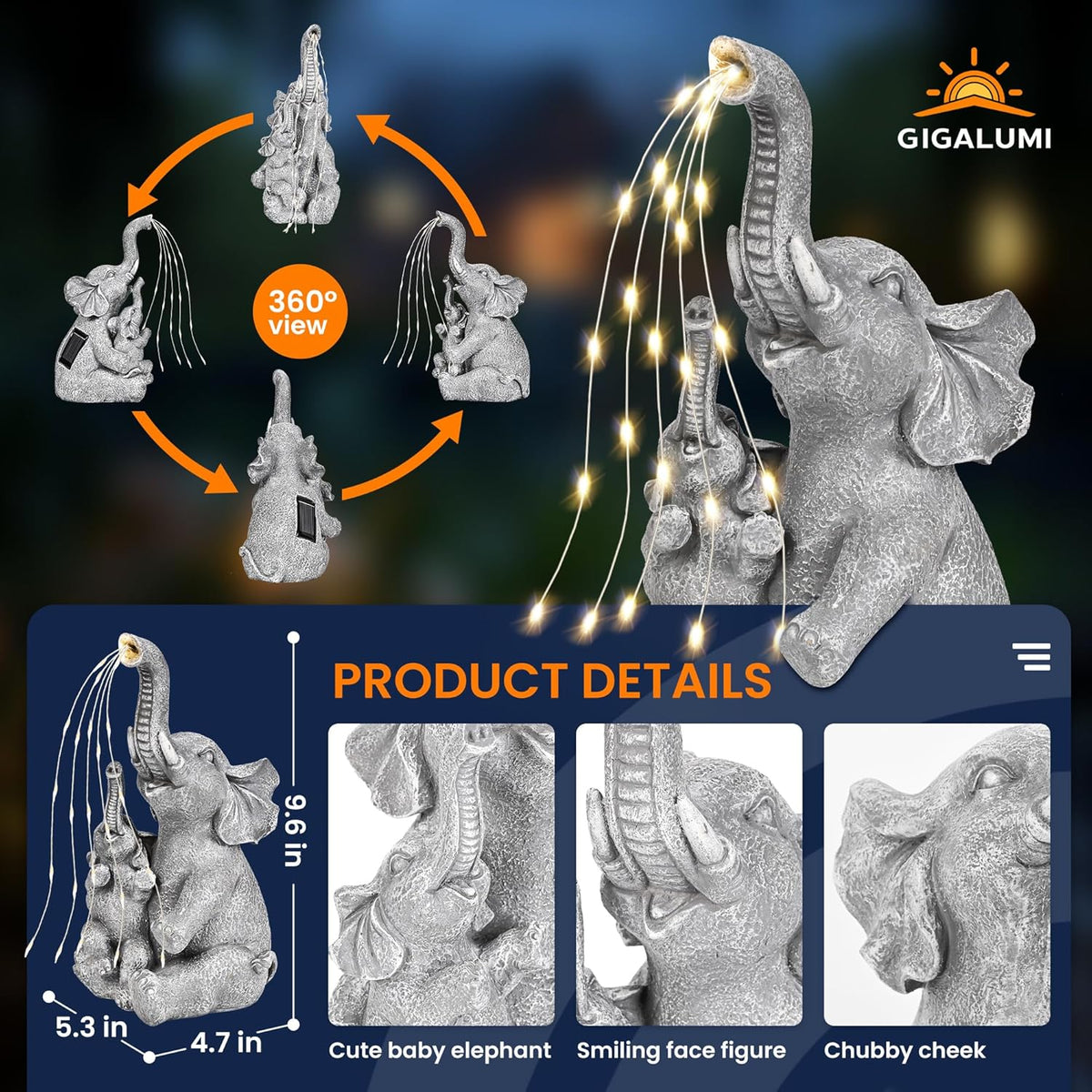 GIGALUMI Solar Garden Outdoor Statues for Women, Mom, Grandma. Elephant Figurine Housewarming and