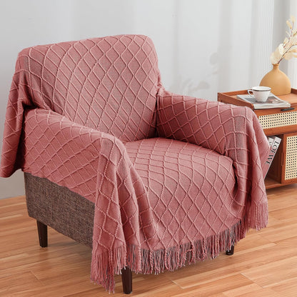 InHand Knitted Throw Blanket for Couch and Bed, Soft Cozy Knit Blanket with Tassel, Coral Pink