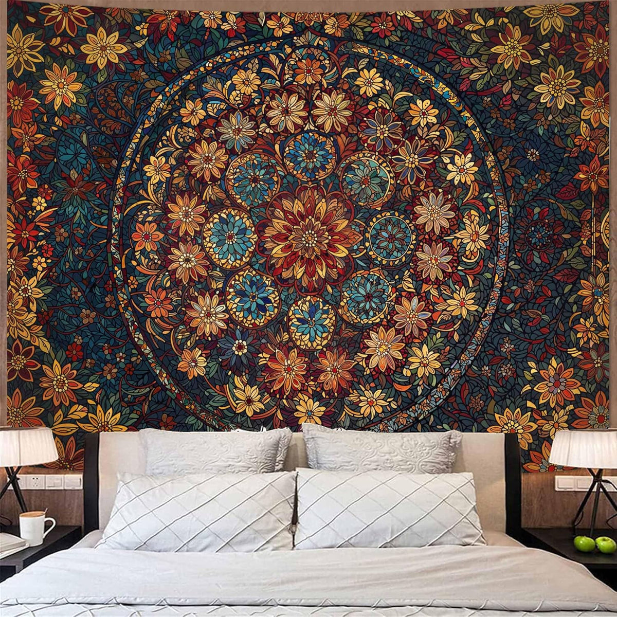 Fowocu Boho Floral Mandala Tapestry Wall Hanging Vintage Bohemian Flower Medallion Tapestry