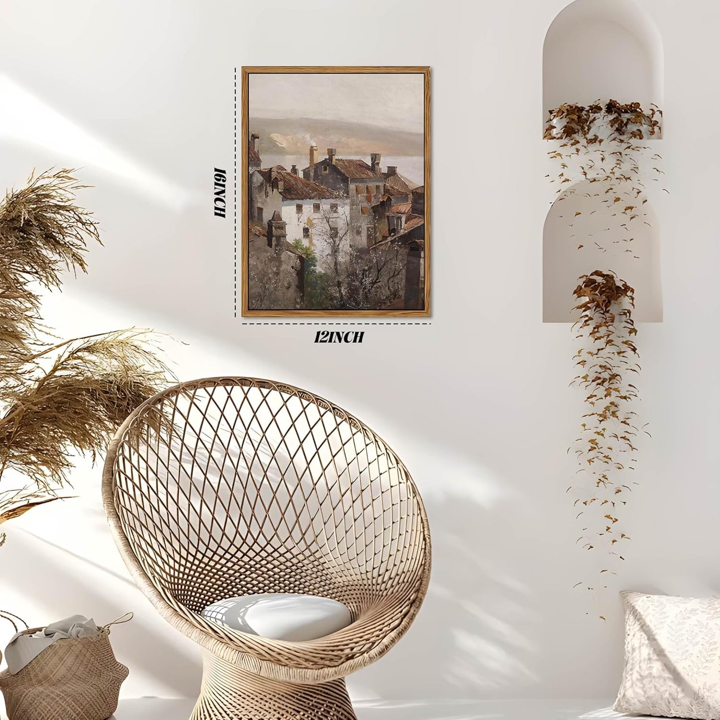 Floating Framed Vintage Canvas Wall Art, European Country Towns Wall Decor Oil Paintings Artwork