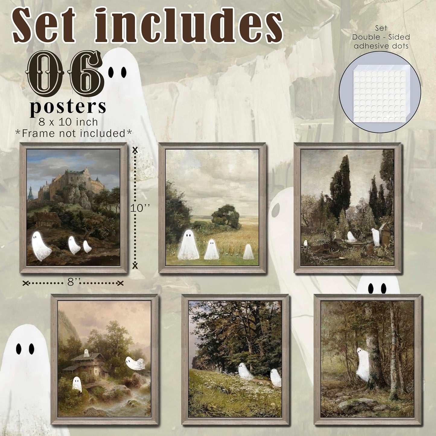 LANCHI95 6 Pcs 8x10in Halloween Wall Art Prints, Vintage Posters, Cute Ghost Pictures for Bedroom