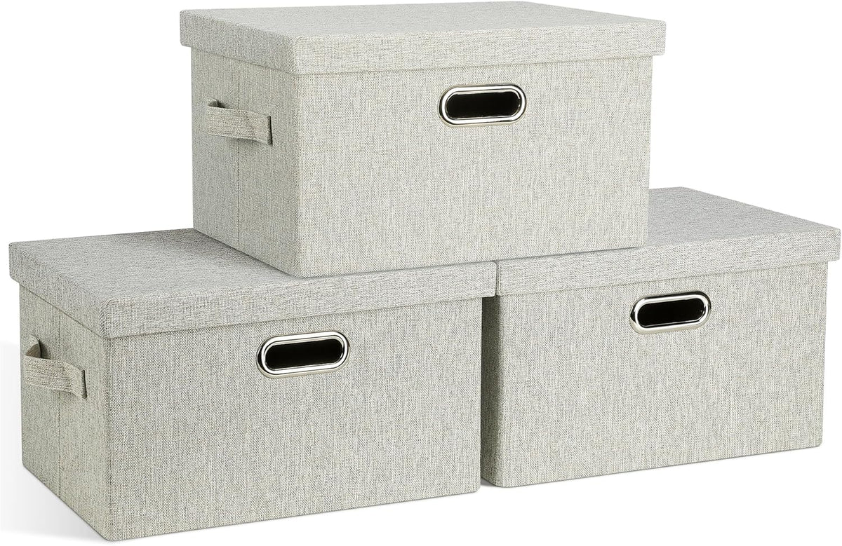 Medium 15" 21 Quart Collapsible Stackable Storage Bins with Lids, 3 Packs Beige Foldable Fabric
