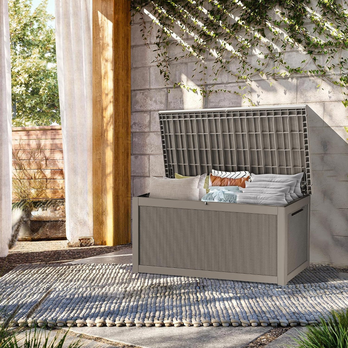 320 Gallon Lockable Resin Deck Box, Waterproof & UV-Resistant Outdoor Storage Box for Outdoor