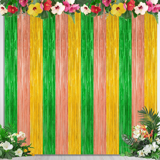 4 Pack Hawaiian Party Decorations, 3.28 FT x 7.05 FT Hawaii Tinsel Backdrop, Green Brown Yellow