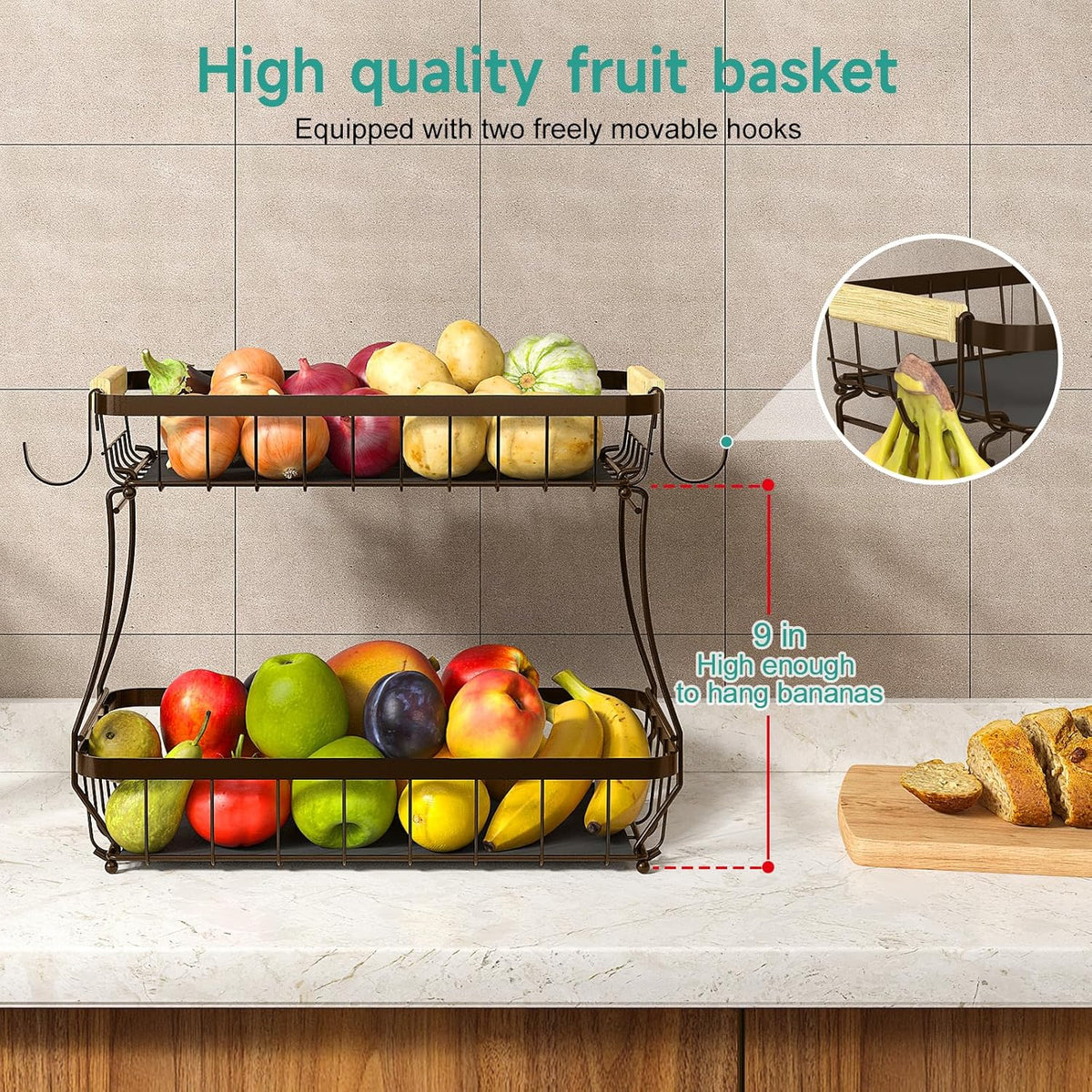 2 Tier Fruit Basket for Kitchen Counter with 2 Banana Hangers, 2025 Pro Detachable Metal Fruit Bowl