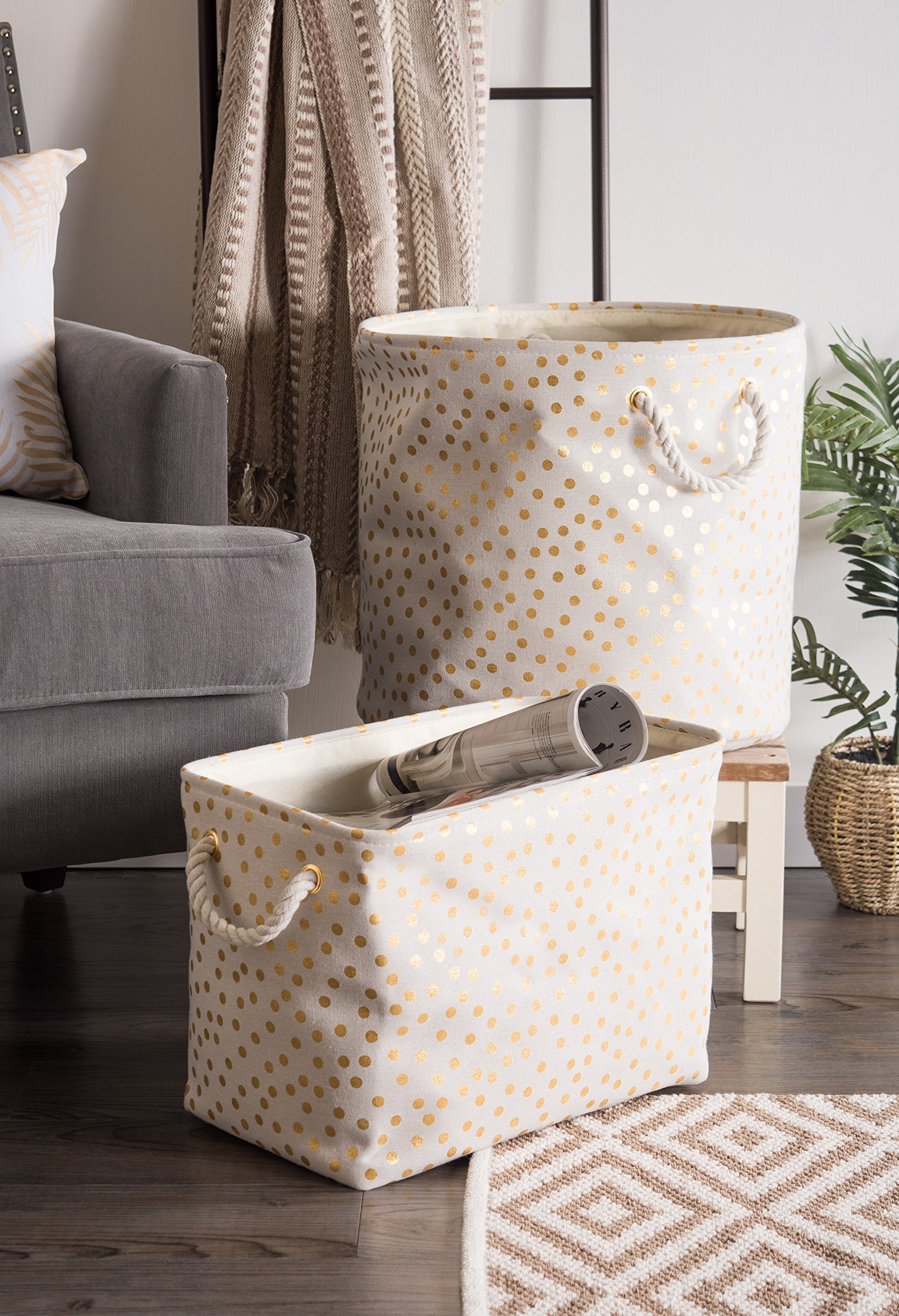 DII Polyester Storage Bin, Gold Metallic Collection Collapsible with Handles, Medium, Natural