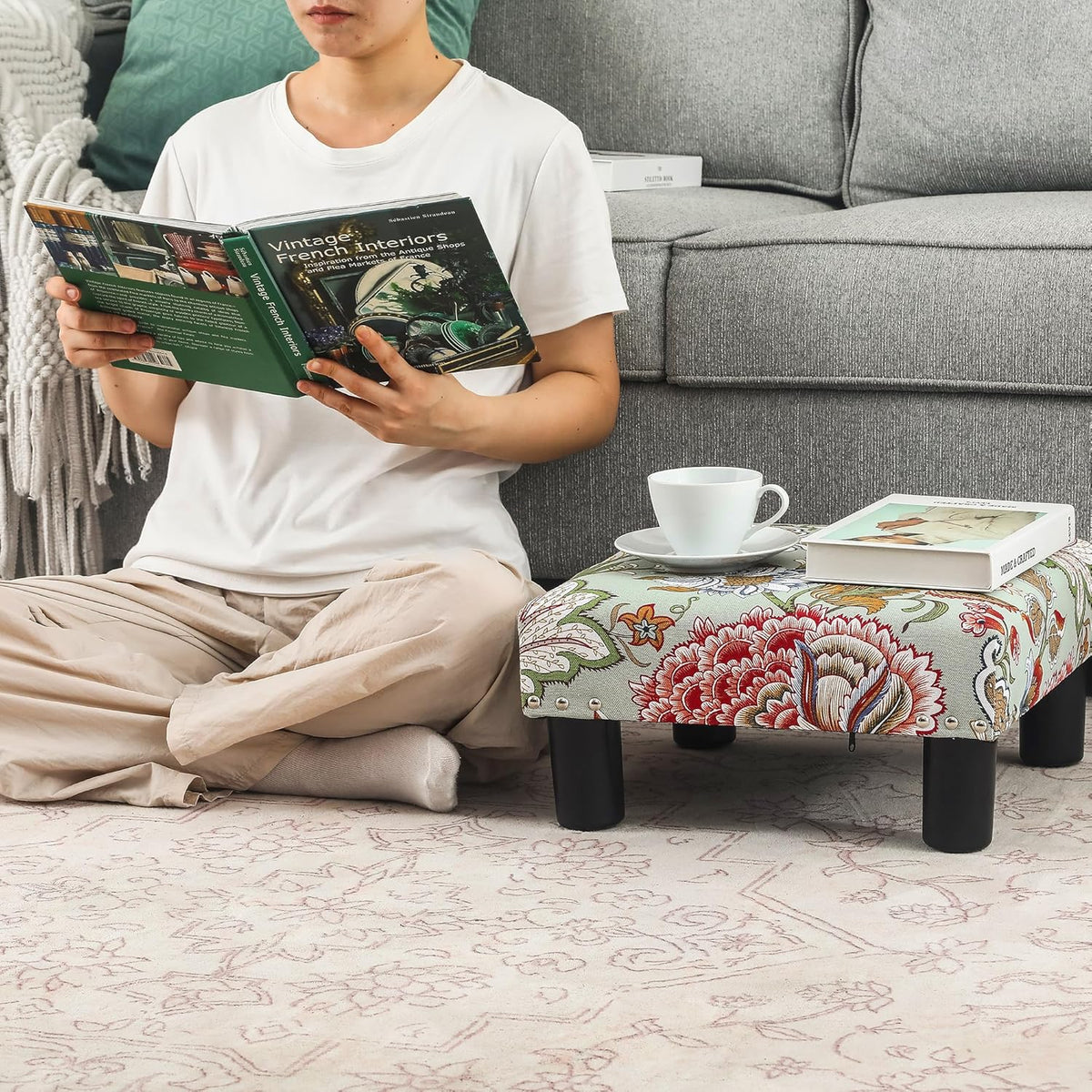 Joveco Small Foot Rest Stool Ottoman, 15" Fabric Square Footstool Upholstered Footrest for Chair
