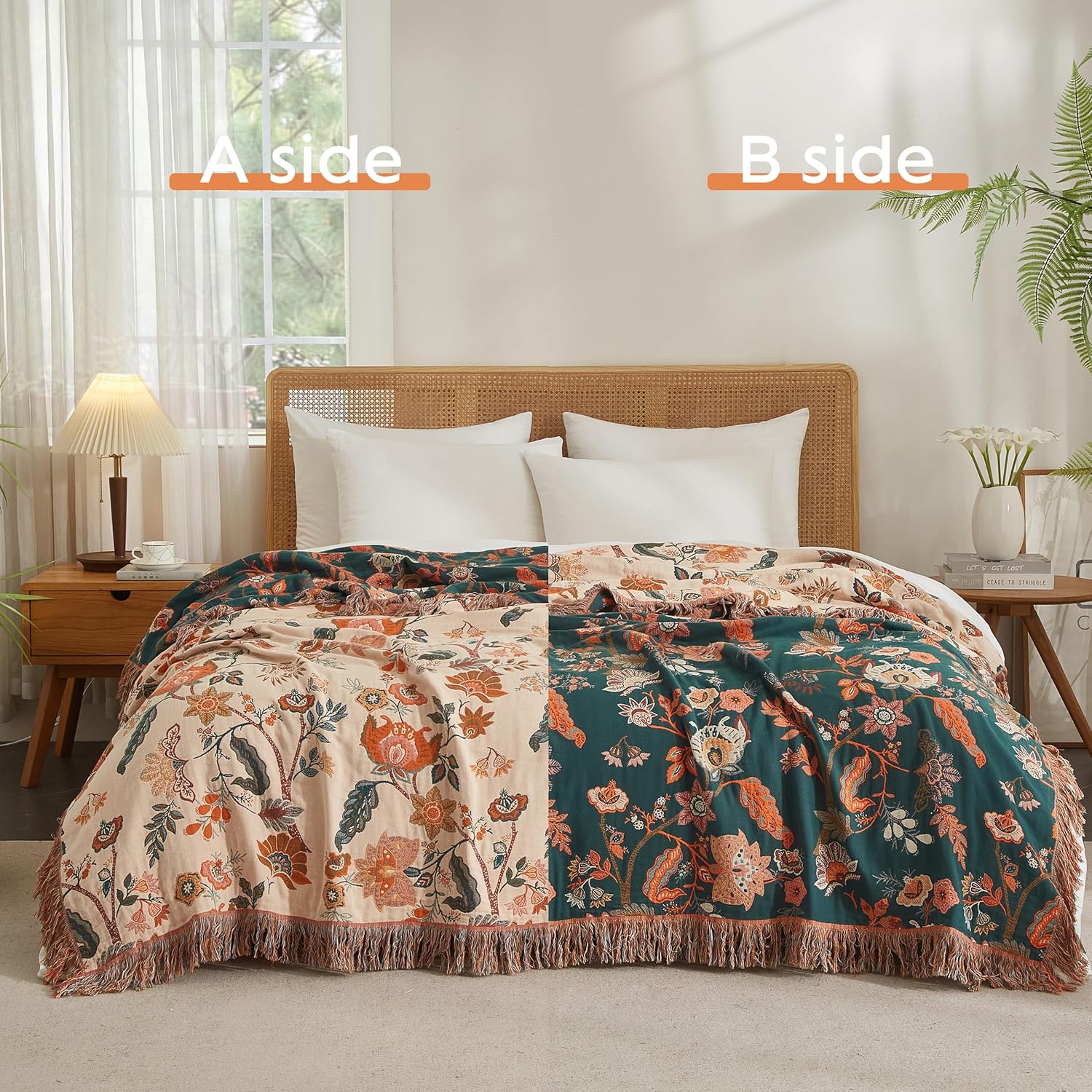 Boho Throw Blanket for Bed 90”x98”, 100% Cotton Woven Blanket for Couch Sofa, Ultra Soft 4-Layer