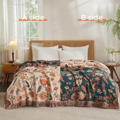 Boho Throw Blanket for Bed 90”x98”, 100% Cotton Woven Blanket for Couch Sofa, Ultra Soft 4-Layer