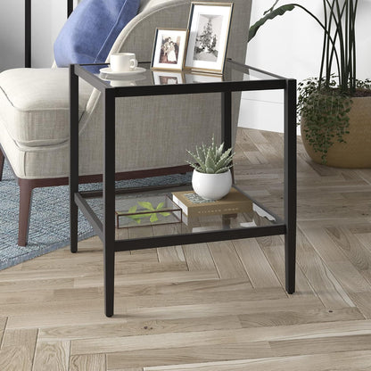 Henn&Hart 20" Wide Square Side Table with Glass Shelf in Blackened Bronze, Table for Living Room