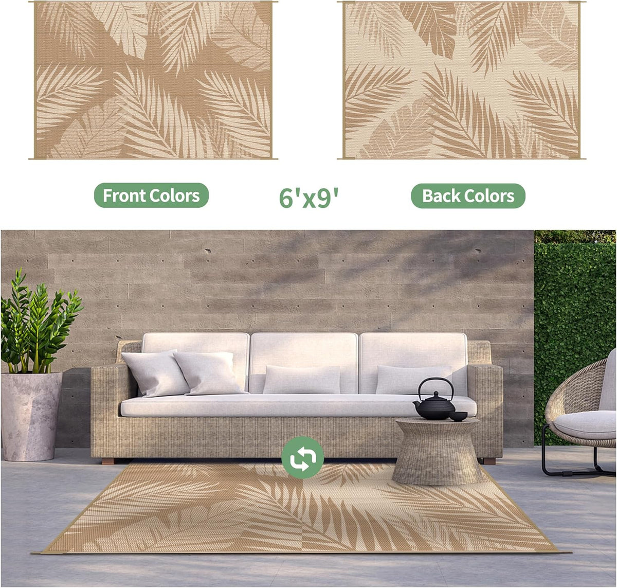 GENIMO Outdoor Rug 6' x 9' Waterproof for Patios Clearance, Reversible Outdoor Plastic Straw