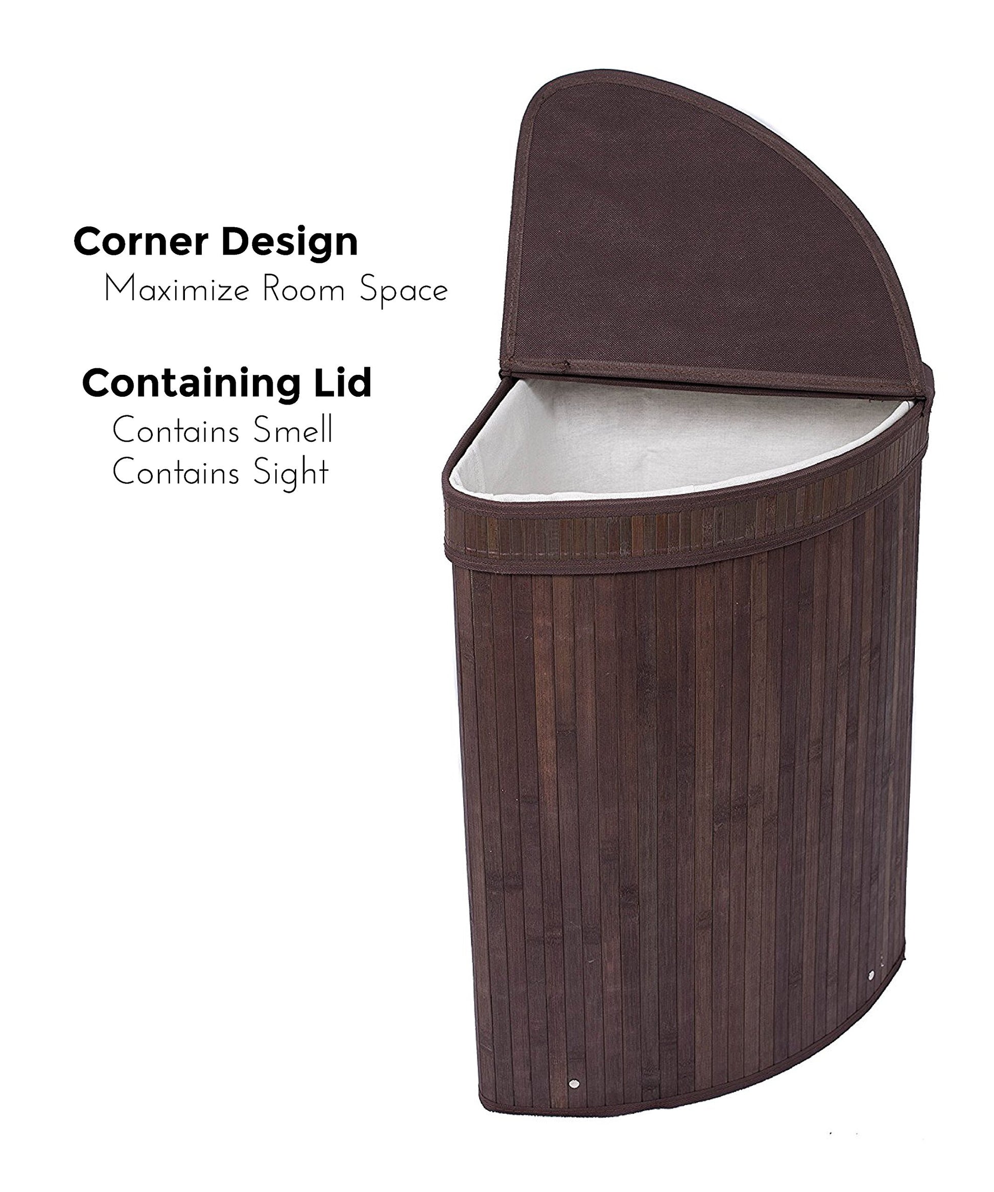 BirdRock Home Corner Laundry Hamper with Lid and Cloth Liner | Bamboo | Espresso | Easily Transport