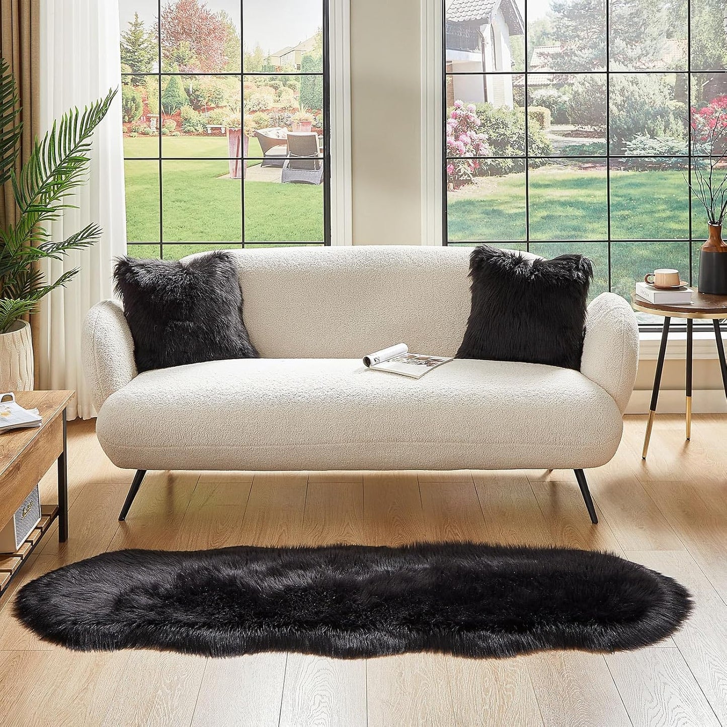 AMTOVO Faux Sheepskin Rug, Black Ultra Soft Fluffy Shag Area Rug, 2 x 6 ft Faux Fur Rug for Bedroom