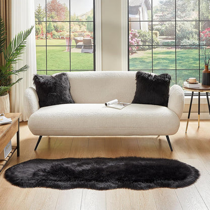 AMTOVO Faux Sheepskin Rug, Black Ultra Soft Fluffy Shag Area Rug, 2 x 6 ft Faux Fur Rug for Bedroom