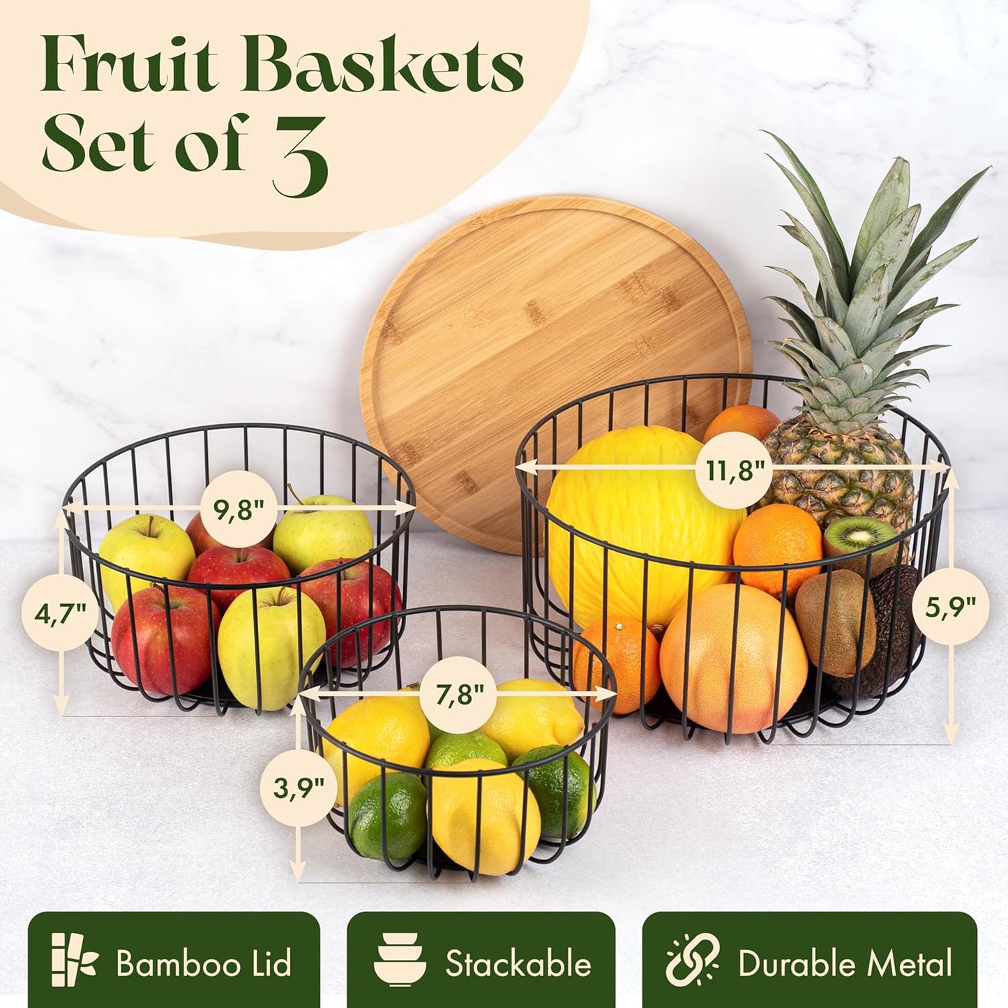 Fruit Basket for Kitchen Counter Set of 3 - Large Stackable Baskets with Bamboo Lid - Perfect