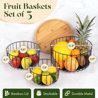 Fruit Basket for Kitchen Counter Set of 3 - Large Stackable Baskets with Bamboo Lid - Perfect