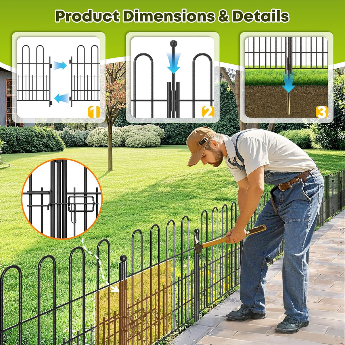 10 Panels Decorative Garden Fence with U-Shape and Latch Gate, 24.01in (H) X 20ft (L) Dog Fence