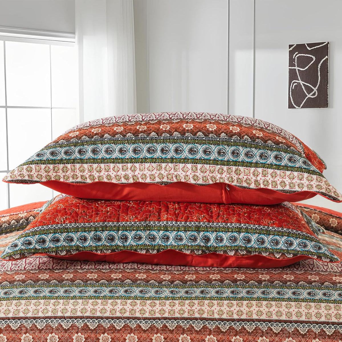NEWLAKE Cotton Bedspread Quilt Sets - Reversible Patchwork Coverlet Set, Red Striped Jacquard