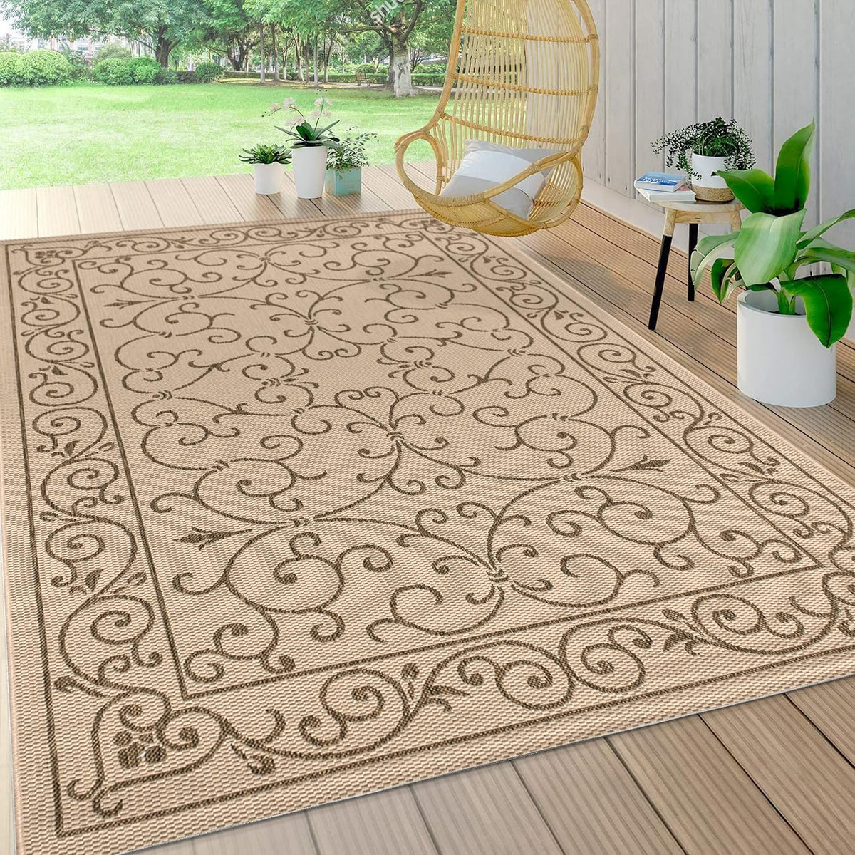 JONATHAN Y Vintage Filigree Indoor Outdoor Area Rug 5X8 Beige/Brown, Charleston Textured Weave for