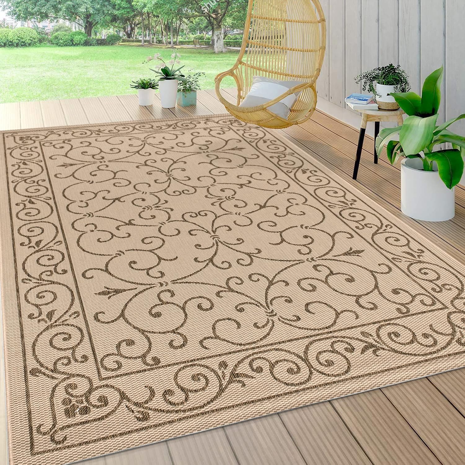 JONATHAN Y Vintage Filigree Indoor Outdoor Area Rug 5X8 Beige/Brown, Charleston Textured Weave for