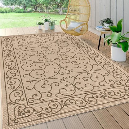 JONATHAN Y Vintage Filigree Indoor Outdoor Area Rug 5X8 Beige/Brown, Charleston Textured Weave for