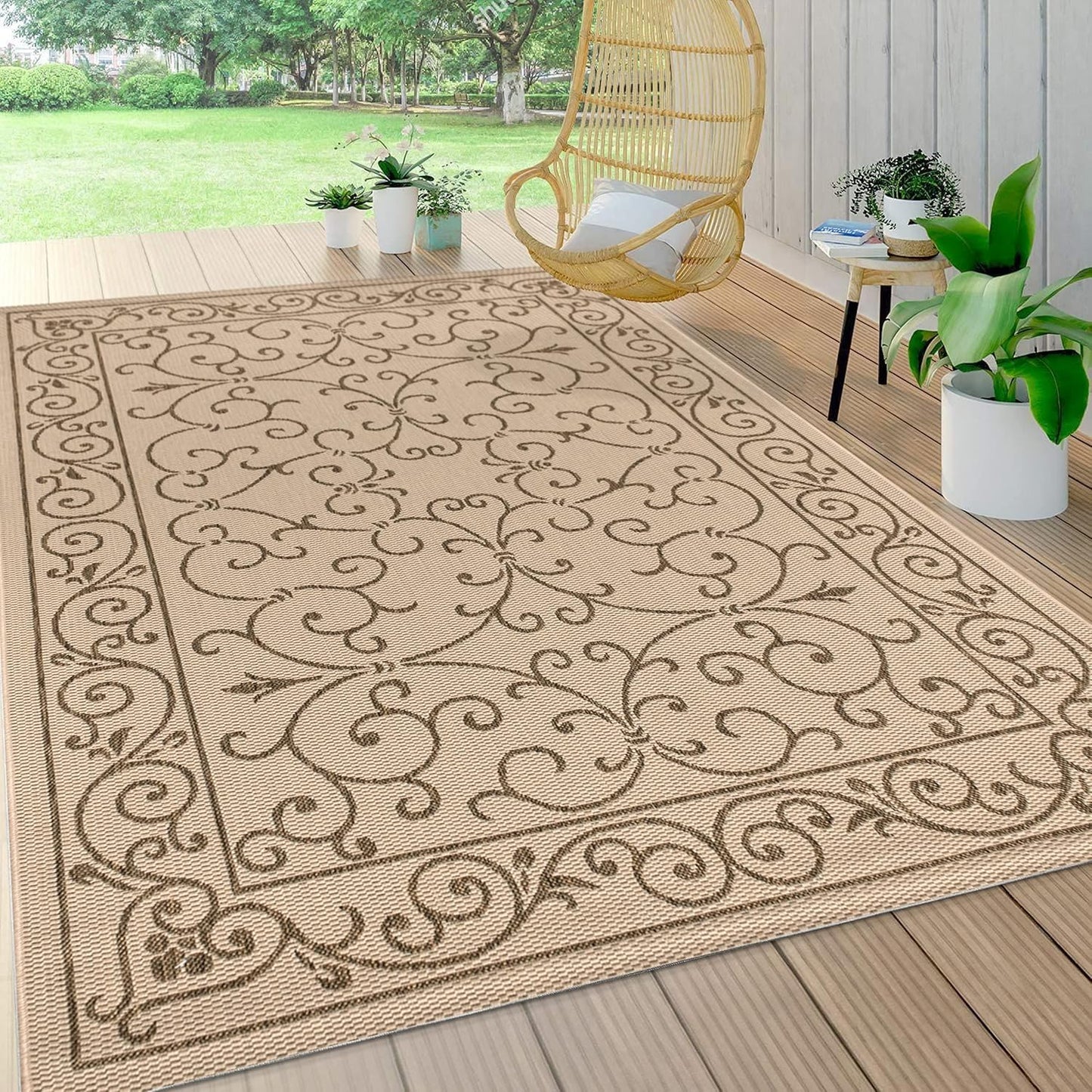 JONATHAN Y Vintage Filigree Indoor Outdoor Area Rug 3X5 Beige/Brown, Charleston Textured Weave for