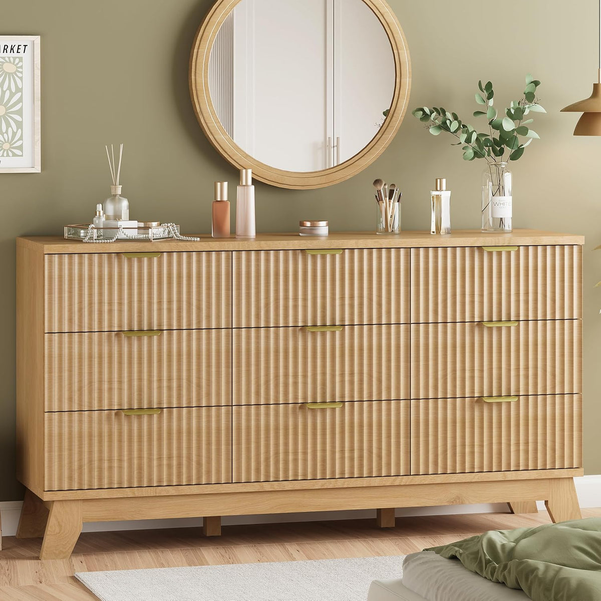 Fluted Dresser for Bedroom with 9 Drawers, 57" Wide Modern Chest of Drawers with Metal Handle