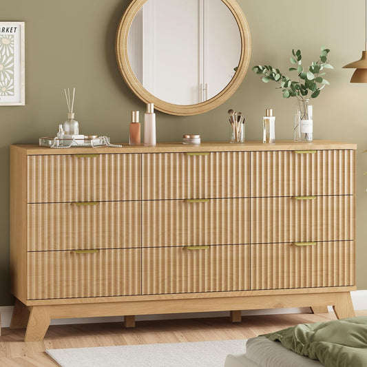 Fluted Dresser for Bedroom with 9 Drawers, 57" Wide Modern Chest of Drawers with Metal Handle