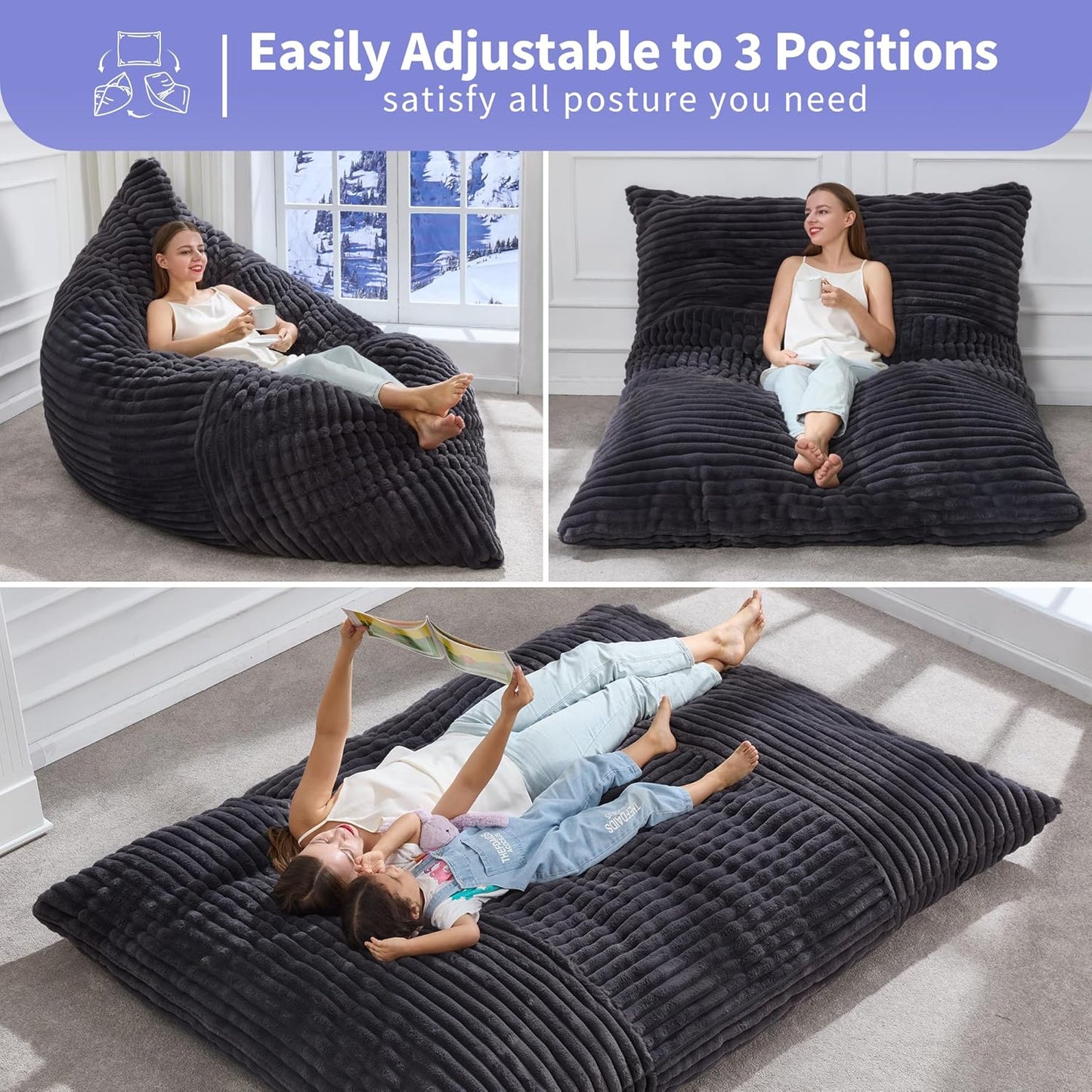 Hobestluk 3 in 1 Bean Bag Chair Giant Bean Bag Chairs Convertible Bean Bag Floor Cushion with