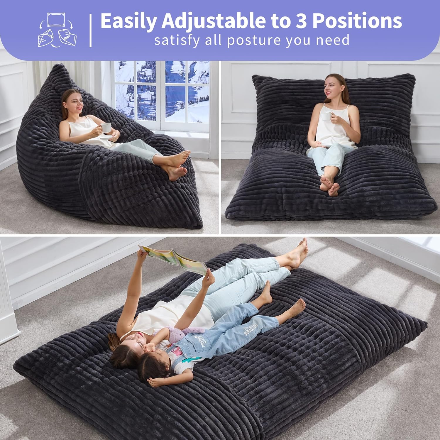 Hobestluk 3 in 1 Bean Bag Chair Giant Bean Bag Chairs Convertible Bean Bag Floor Cushion with