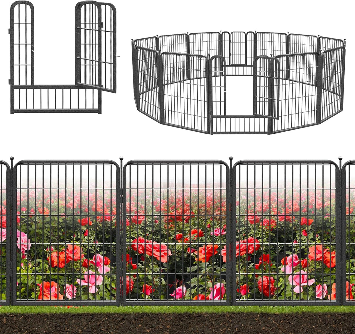 Decorative Black Metal Garden Fence, 27ft(L) 32in(H) 12 Fence Panels No Dig Fence Rustproof Animal