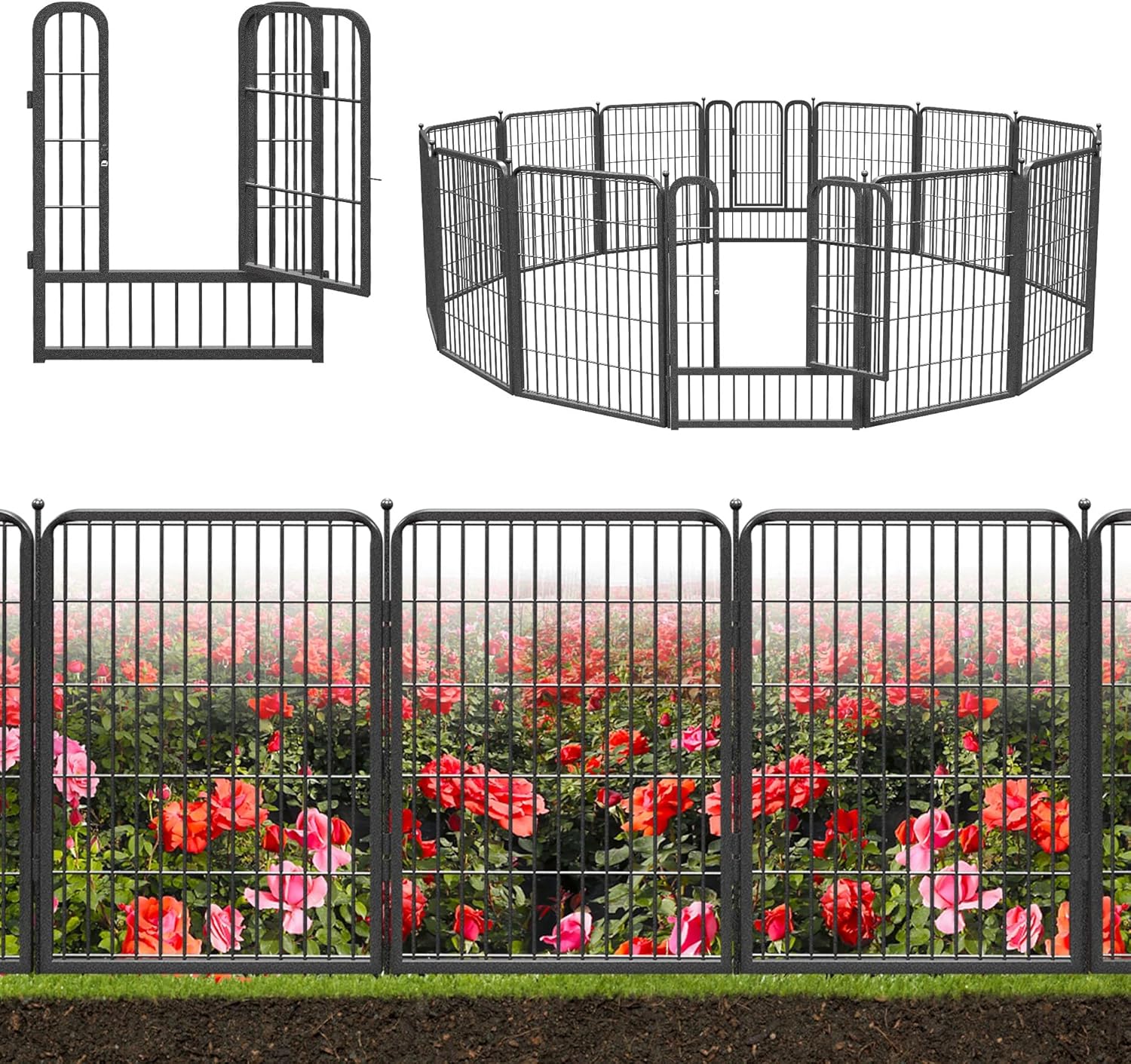 Decorative Black Metal Garden Fence, 27ft(L) 32in(H) 12 Fence Panels No Dig Fence Rustproof Animal