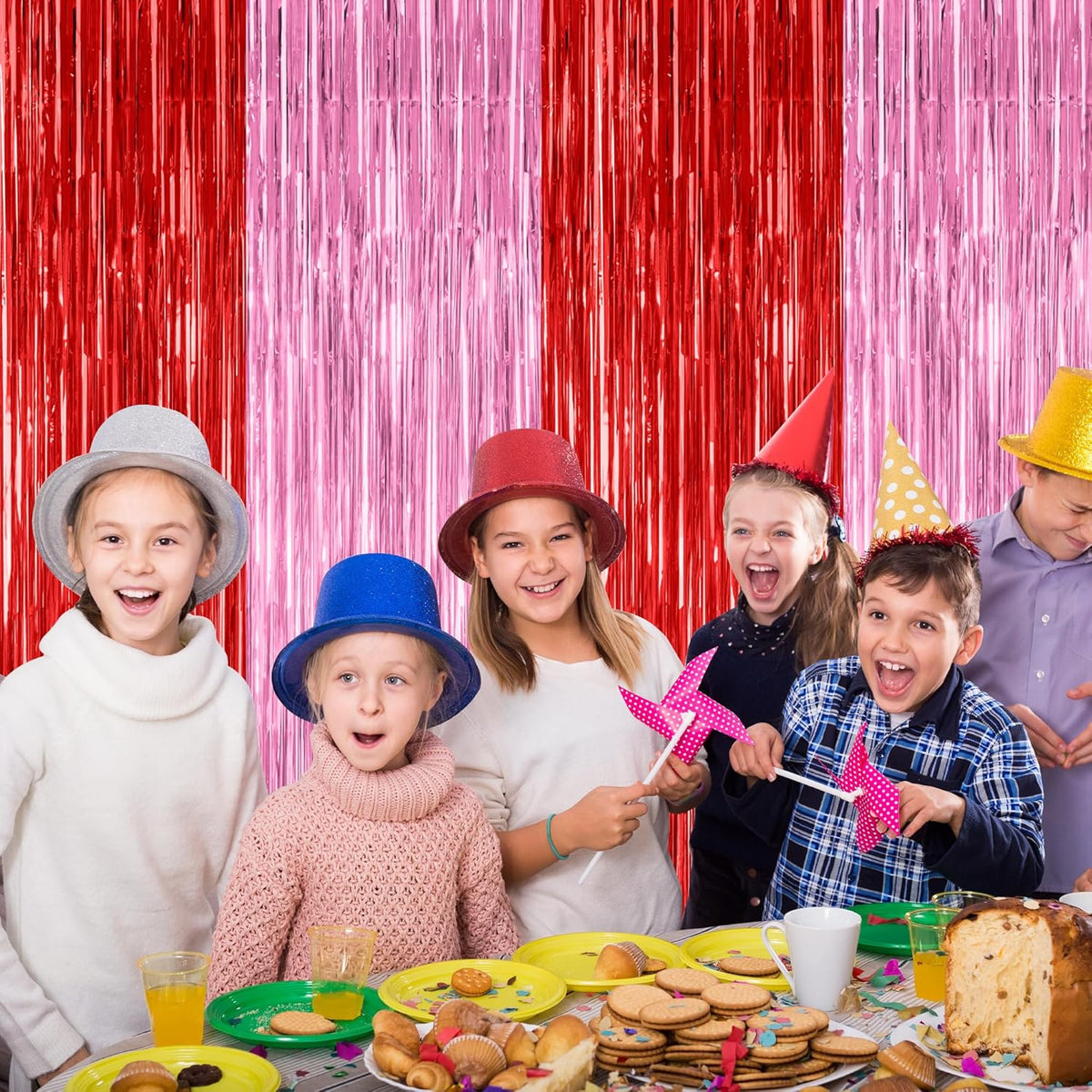 2 Pack Backdrop Curtains, 3.28 Feet x 7.05 Feet Red Pink Backdrop, Metallic Fringe Curtains Tinsel
