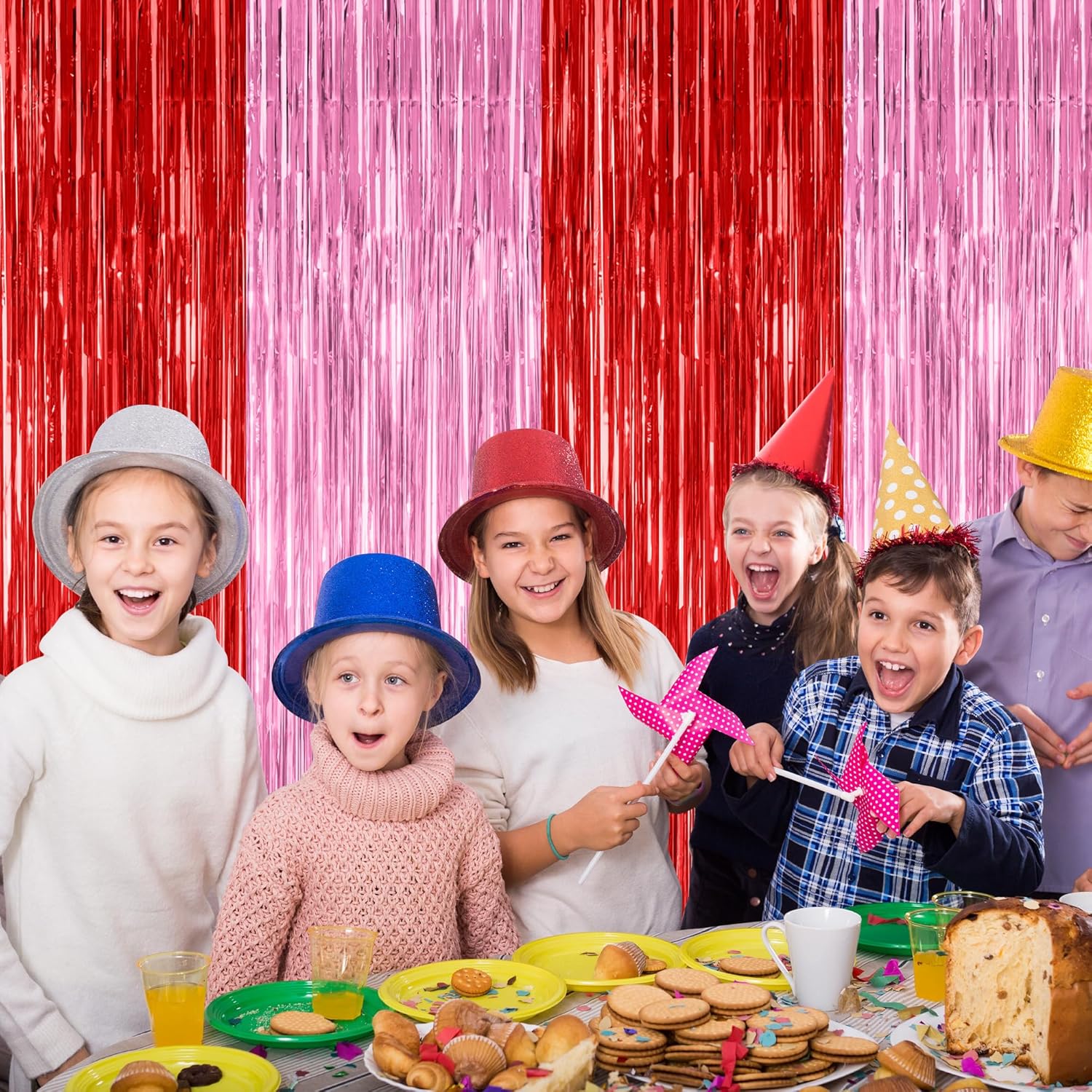 2 Pack Backdrop Curtains, 3.28 Feet x 7.05 Feet Red Pink Backdrop, Metallic Fringe Curtains Tinsel