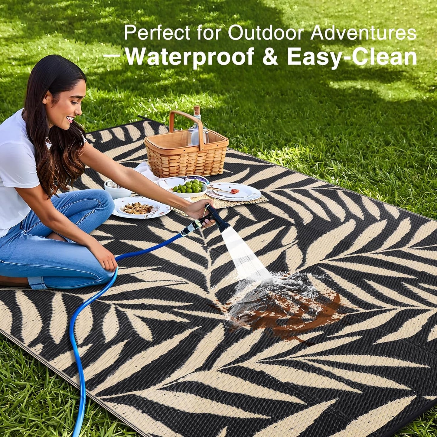 OLANLY Waterproof Outdoor Rug 6x9 ft, Reversible Outdoor Plastic Straw Rug with Leaf Pattern, RV