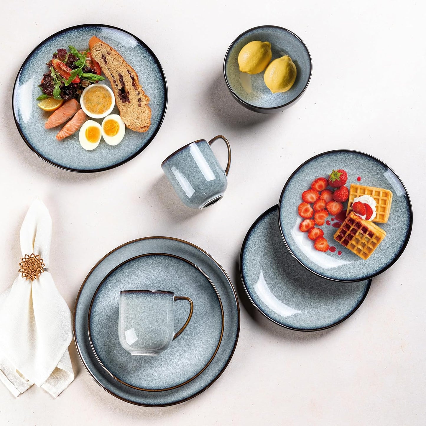 LERATIO Ceramic Dinnerware Sets for 4,16-Piece Reactive Glaze Plates and Bowls Set with Mugs,Highly