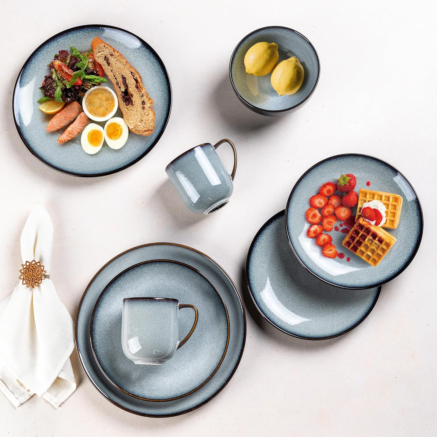 LERATIO Ceramic Dinnerware Sets for 4,16-Piece Reactive Glaze Plates and Bowls Set with Mugs,Highly