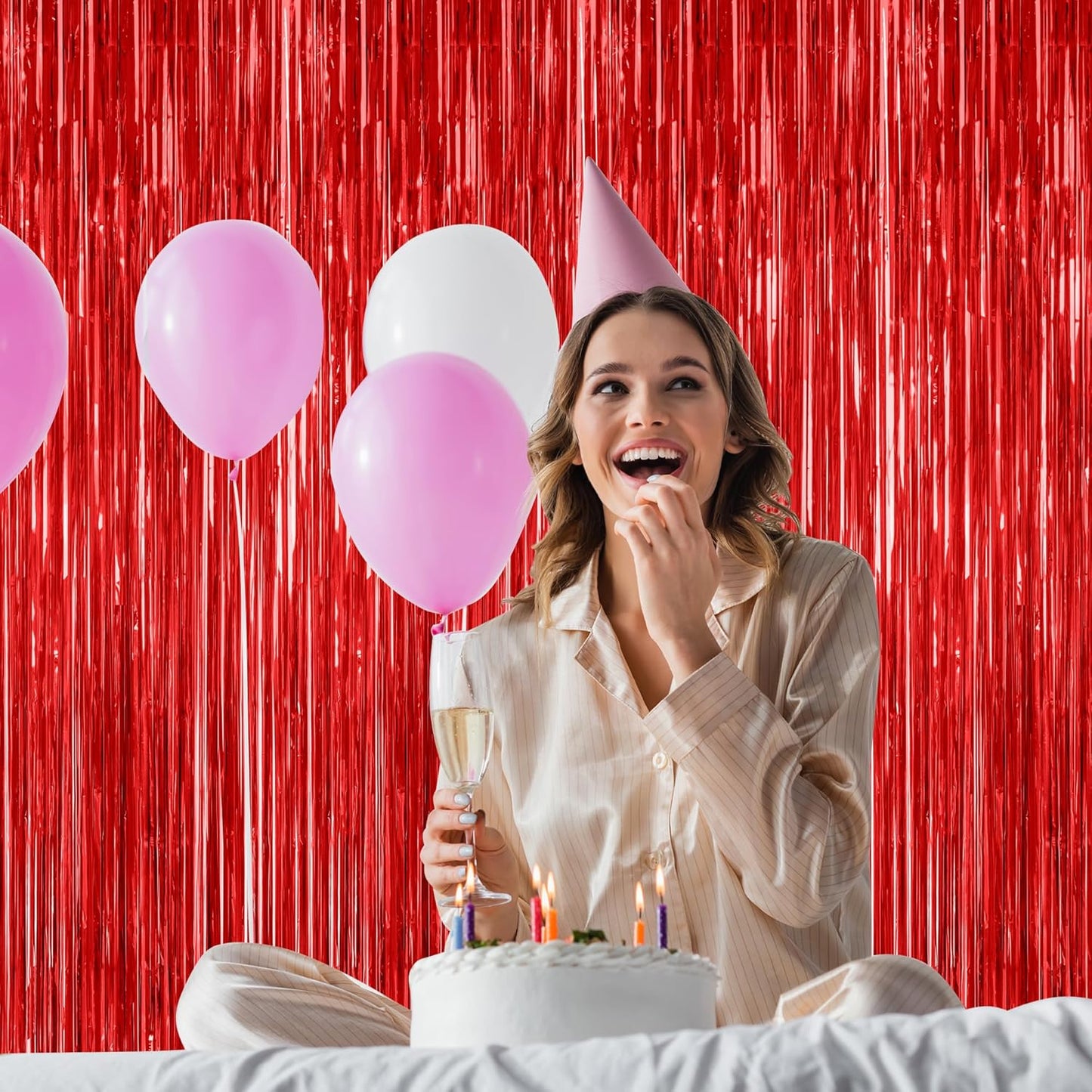 8 Pack Red Backdrop, 3.28 FT x 7.05 FT Streamer Party Decorations, Metallic Foil Fringe Curtains