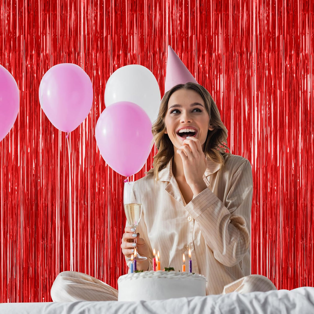 8 Pack Red Backdrop, 3.28 FT x 7.05 FT Streamer Party Decorations, Metallic Foil Fringe Curtains
