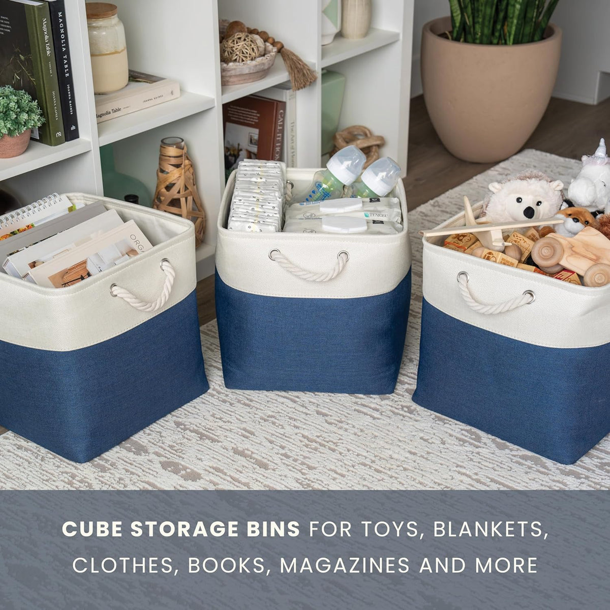 OrganiHaus 13x13 Cube Storage Bins 4 Pack, Foldable Cube Storage Organizer w/ Rope Handles