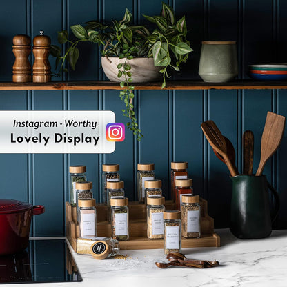 Set of 24 Glass Spice Jars with Various Labels, Bamboo Shaker Lids & Funnel, Kitchen Storage Jars