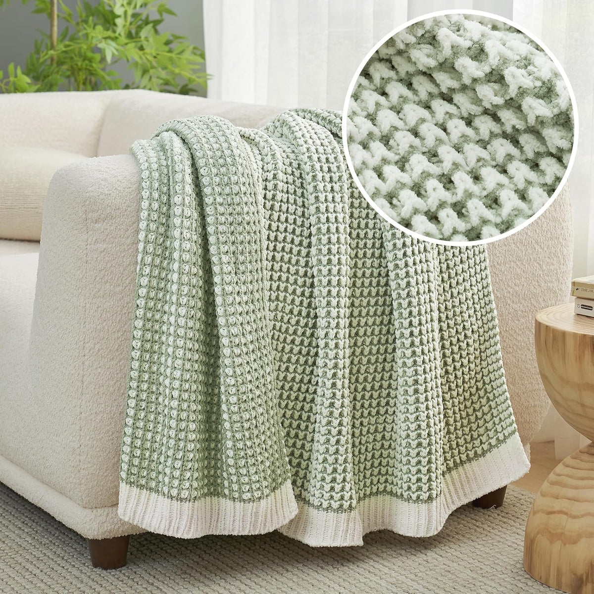 Amélie Home Chenille Waffle Throw Blanket for Couch, Reversible Pineapple Stitch Knit Soft Cozy
