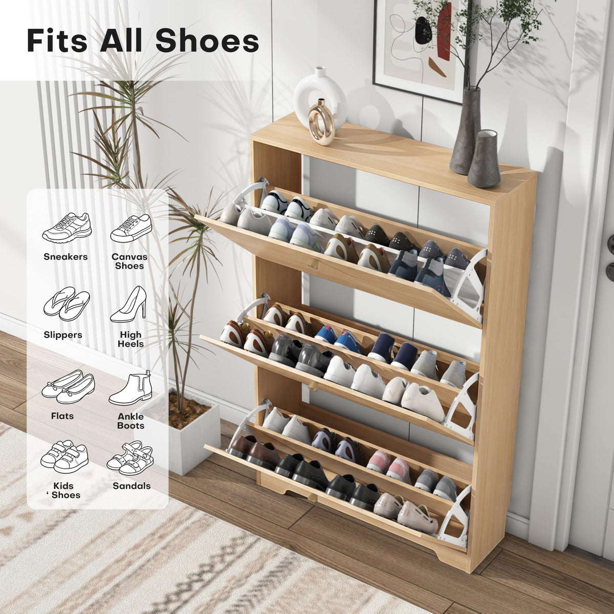 Nicetree Shoe Cabinet with 3 Flip Drawers, Entryway Storage, Natural Oak