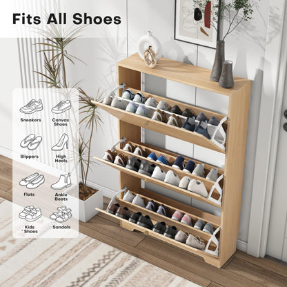Nicetree Shoe Cabinet with 3 Flip Drawers, Entryway Storage, Natural Oak