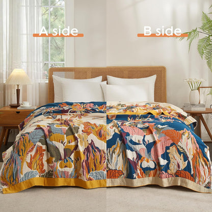 Boho Throw Blanket for Bed 80”x90”, 100% Cotton Woven Blanket for Couch Sofa, Ultra Soft 4-Layer