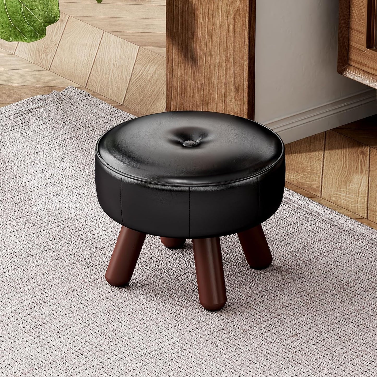 13in Small Foot Stool Ottoman, Round Faux Leather Foot Rest, Footstool Ottomans with Rubber Legs