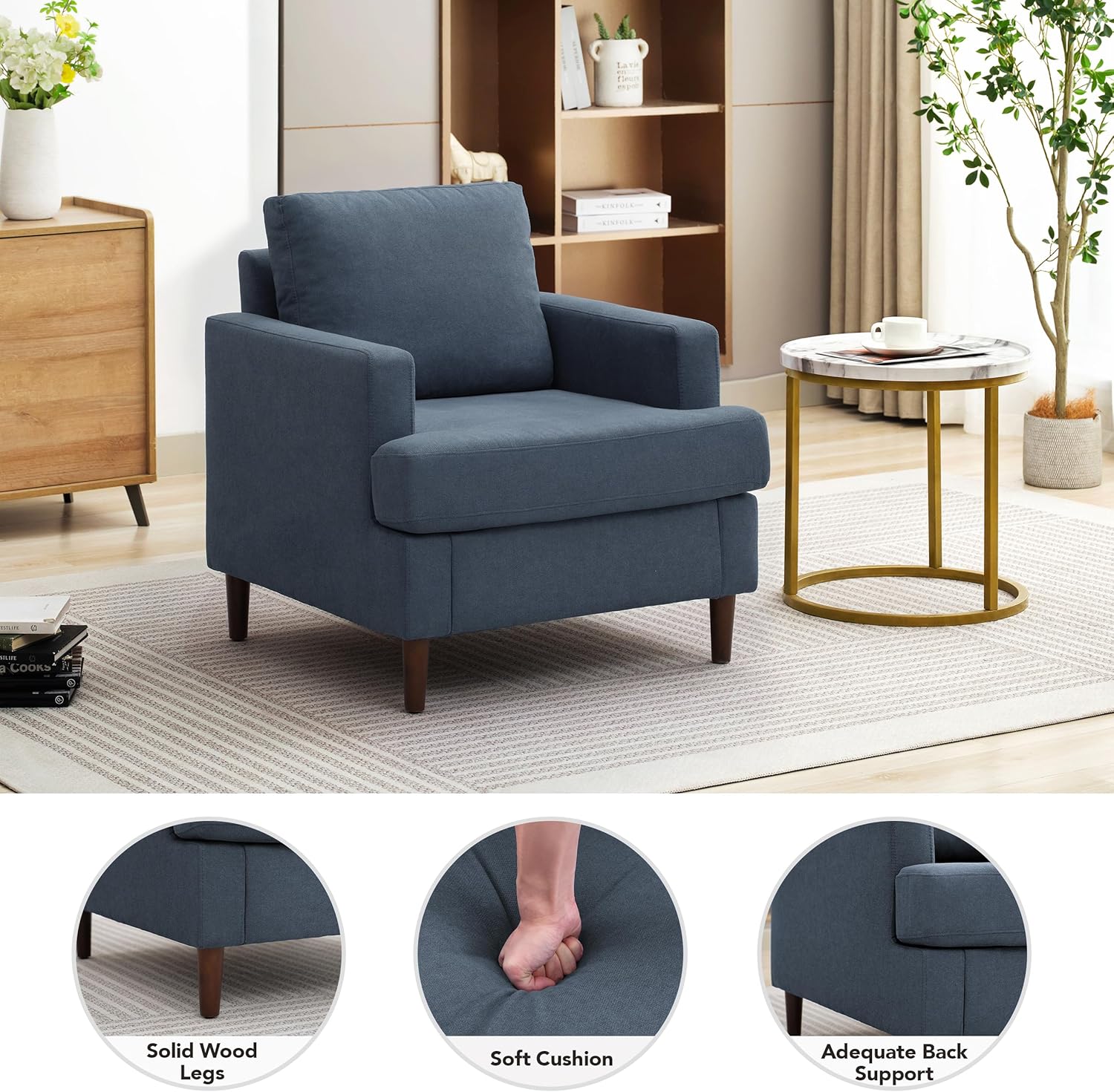 Mid-Century Accent Chair,Modern Linen Fabric Armchair for Living Room,Comfy Upholstered Reading
