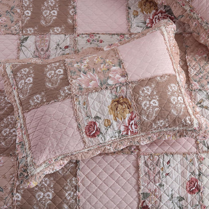NEWLAKE Quilt Set Queen Size, Cotton Patchwork Pink Floral Quilt Sets, Real Stitched Embroidery